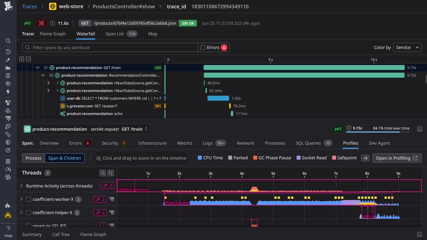 Datadog distributed trace waterfall with correlated service and log views